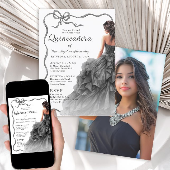 Convite Quinceañera Black Dress Scalloped Arco de Fita (Invitation is available in both printed and digital download formats.)
