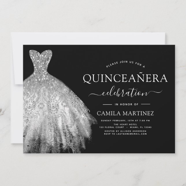 Convite Quinceanera Black e Silver Glitter Sparkle (Frente)