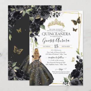Convite Quinceañera Black Floral Dourada Borboleta Vestida