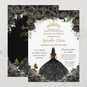 Convite Quinceañera Black Floral Flowers Garota Vestida Do