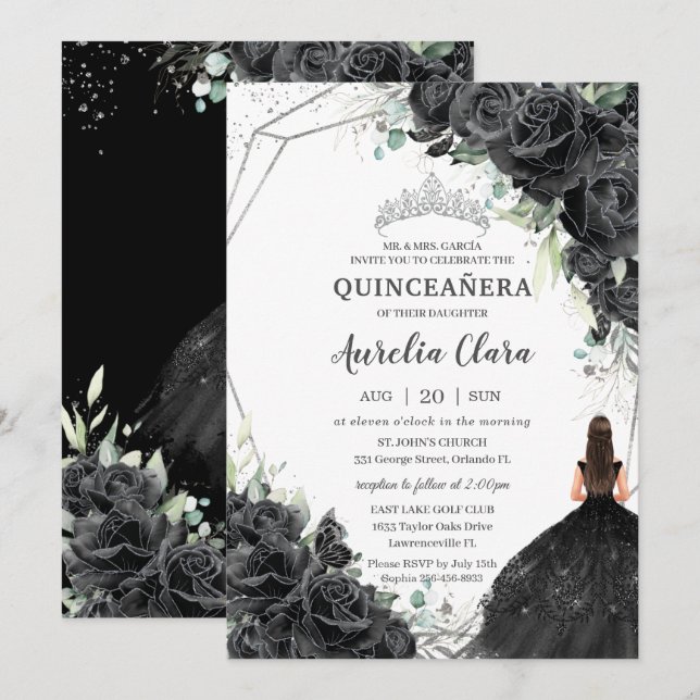 Convite Quinceañera Black Floral Rosa Vestir Prata Coroa (Frente/Verso)