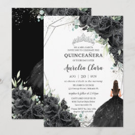 Convite Quinceañera Black Floral Rosa Vestir Prata Coroa