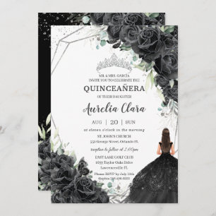 Convite Quinceañera Black Floral Rosa Vestir Prata Coroa