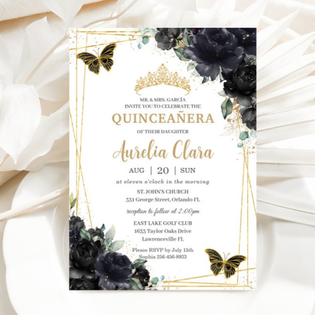 Convite Quinceañera Black Floral Rosas Borboletas Douradas (Criador carregado)