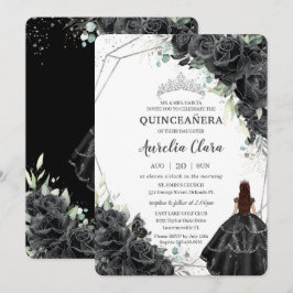 Convite Quinceañera Black Floral Rosas Gown Silver Crown
