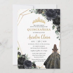 Convite Quinceañera Black Floral Rosas Princesa Dourada Cr
