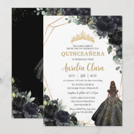 Convite Quinceañera Black Floral Rosas Princesa Dourada Cr