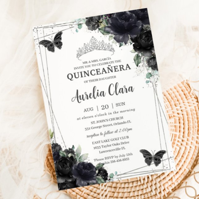 Convite Quinceañera Black Floral Rosas Princesa Silver (Criador carregado)