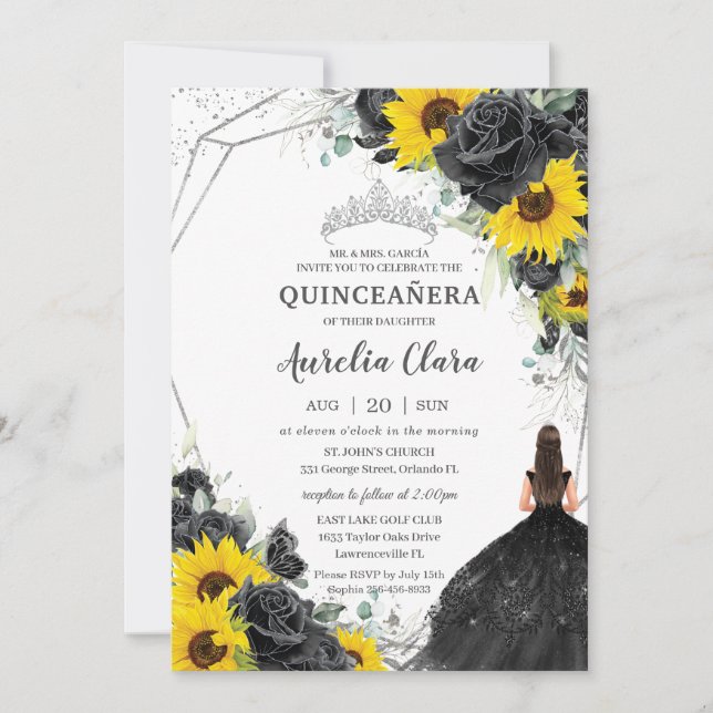 Convite Quinceañera Black Floral Rosas Sunflower Silver (Frente)