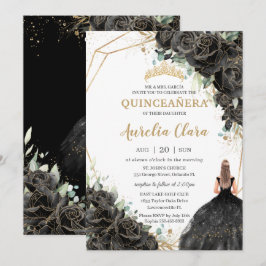 Convite Quinceañera Black Floral Rosas Vestir Dourada Coro