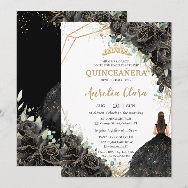 Convite Quinceañera Black Floral Rosas Vestir Dourada Coro (Frente/Verso)