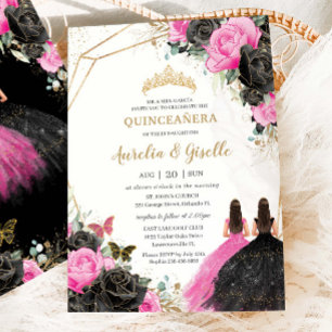 Convite Quinceañera Black Fuchsia Floral Princesa Gêmeos