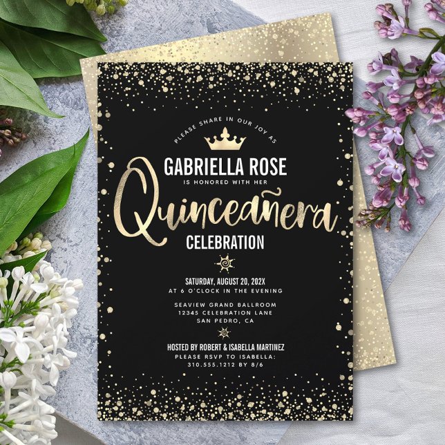 Convite Quinceañera Black Glitter Foil Princesa Dourada (Criador carregado)