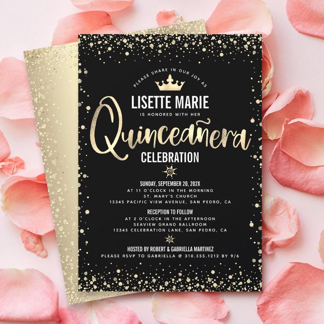 Convite Quinceañera Black Gold Foil Glitter Princesa Coroa (Criador carregado)