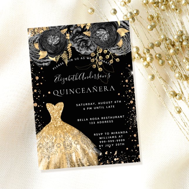 Convite Quinceanera Black Gold Glitter florais (Criador carregado)