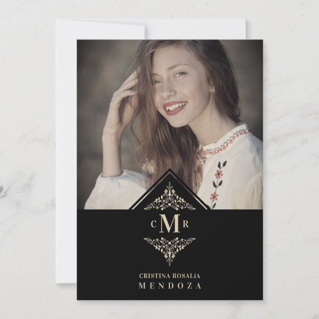 Convite Quinceañera Black Golden Chic Lace Romantic Photo (Frente)