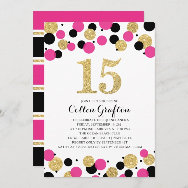 Convite Quinceanera Black Hot Pink Dourado Glitti Confetti (Frente/Verso)