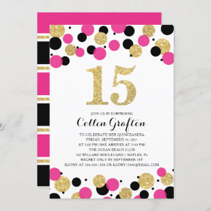 Convite Quinceanera Black Hot Pink Dourado Glitti Confetti