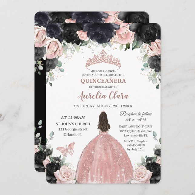 Convite Quinceañera Black Pink Rosa Floral Dourada Princes (Frente/Verso)