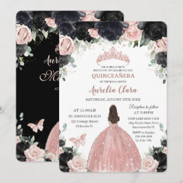 Convite Quinceañera Black Pink Rosa Floral Dourada Princes