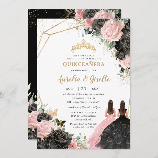 Convite Quinceañera Black Pink Roses Floral Princesa Gêmeo (Frente/Verso)