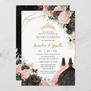 Convite Quinceañera Black Pink Roses Floral Princesa Gêmeo