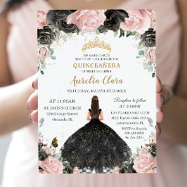 Convite Quinceañera Black Pink Roses Floral Princesa Vesti