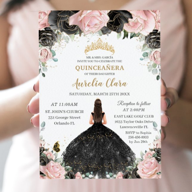 Convite Quinceañera Black Pink Roses Floral Princesa Vesti (Criador carregado)