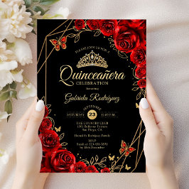 Convite Quinceanera Black Red Dourada Floral