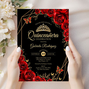 Convite Quinceanera Black Red Dourada Floral