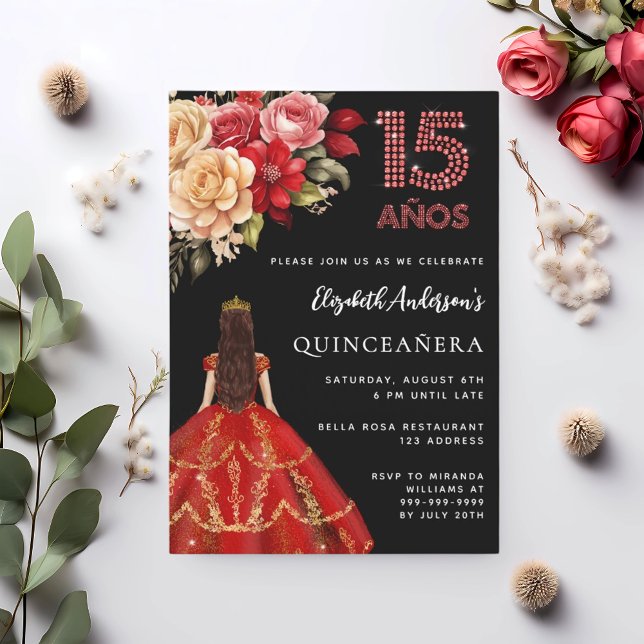 Convite Quinceanera Black Red dress rosas (Criador carregado)