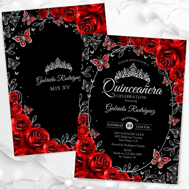 Convite Quinceanera Black Red Silver (Criador carregado)