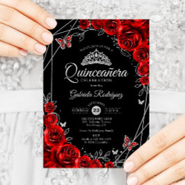 Convite Quinceanera Black Red Silver Floral