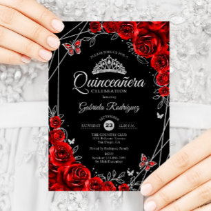Convite Quinceanera Black Red Silver Floral