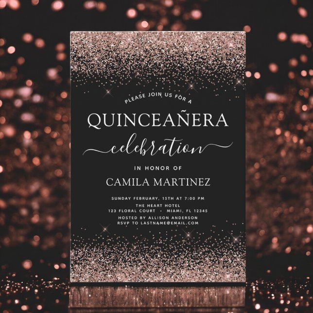 Convite Quinceanera Black Rosa Dourado Blush Rosa (Criador carregado)