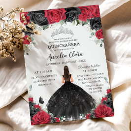 Convite Quinceañera Black Rosas vermelhas Floral Princesa 