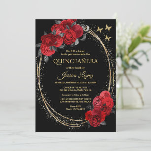 Convite Quinceanera Black Rosas vermelhas Flores Douradas 