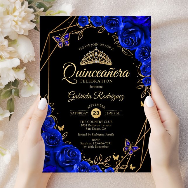 Convite Quinceanera Black Royal Blue Floral (Criador carregado)