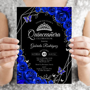 Convite Quinceanera Black Royal Blue Silver Floral