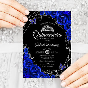 Convite Quinceanera Black Royal Blue Silver Floral