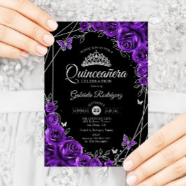 Convite Quinceanera Black Silver Puro Floral