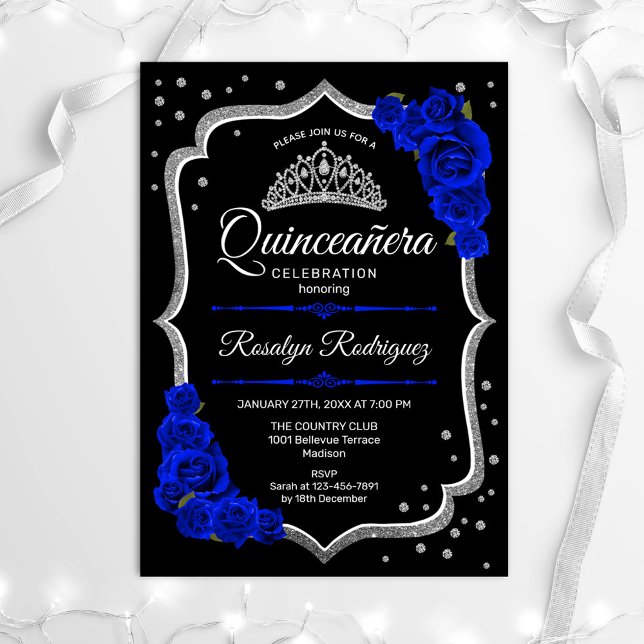 Convite Quinceanera - Black Silver Royal Blue (Criador carregado)