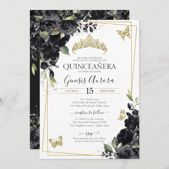 Convite Quinceañera Black Watercolor Floral Dourada (Frente/Verso)