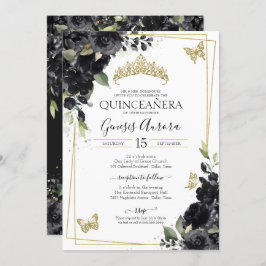 Convite Quinceañera Black Watercolor Floral Dourada