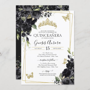 Convite Quinceañera Black Watercolor Floral Dourada