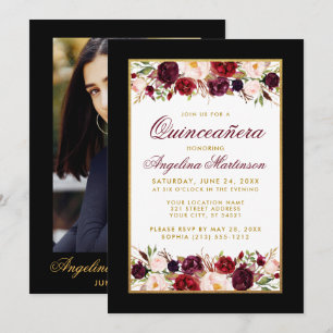 Convite Quinceanera Black White Dourada Foto Floral Borgon