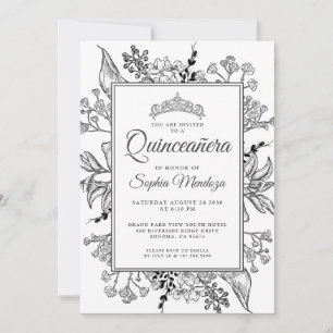 Convite Quinceanera Black White Floral