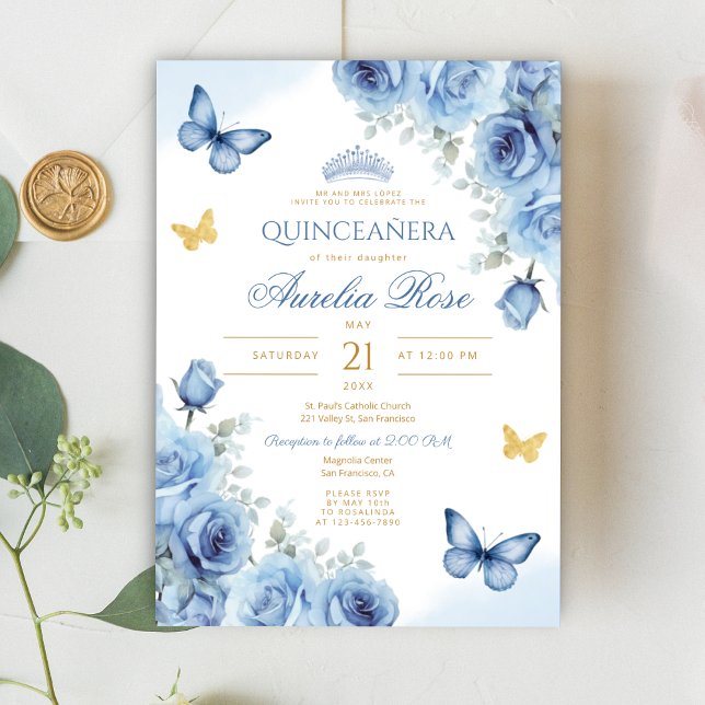 Convite Quinceañera Blue Borboleta Dourada Floral Tiara (Criador carregado)