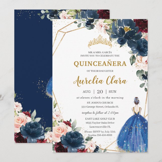 Convite Quinceañera Blue Burgundy Blush Floral Princesa I (Frente/Verso)