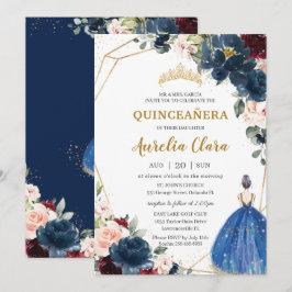 Convite Quinceañera Blue Burgundy Blush Floral Princesa I